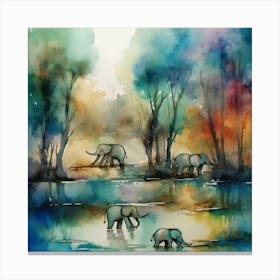 Elephants In The Water Canvas Print