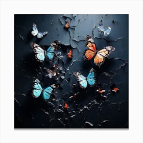 Butterflies On Cracked Wall, Blue Butterflies In A Brick Wall, Butterflies Emerging From A Cracked Dark Wall Representing Transformation And Hope Canvas Print