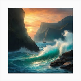 Ocean Scene Crashing Waves Blues Teals with ship and beautiful sunset Canvas Print