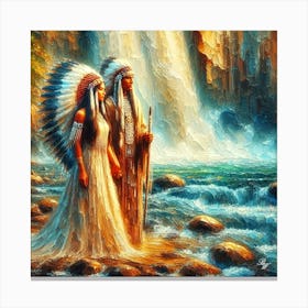 Oil Texture Native American Couple By Stream 7 Copy Canvas Print