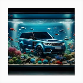 A Metallic Blue Range Rover Super Sport Displayed In A Beautiful Fish Tank Wit Different Color Fish 2 Canvas Print