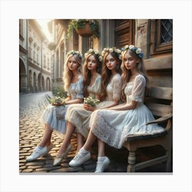 Three Girls Sitting On A Bench 3 Canvas Print