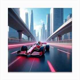 Formula Car Speeding On A Futuristic City Highway With Towering Skyscrapers 1 Canvas Print