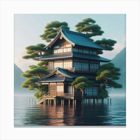 Japanese house in the middle of the sea and trees 1 Canvas Print