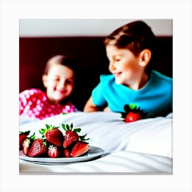 Children laugh with the strawberries  Canvas Print