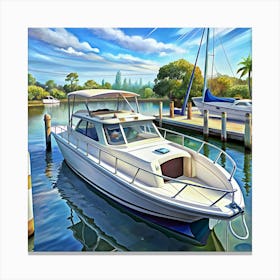 White Boat Docked At A Marina Canvas Print