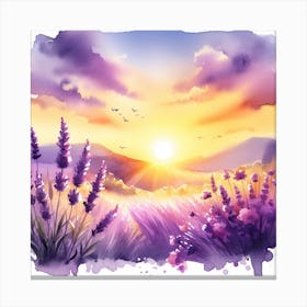 Romantic and Serene - Watercolor Painting of a Lavender Field and a Sunset Sky Canvas Print