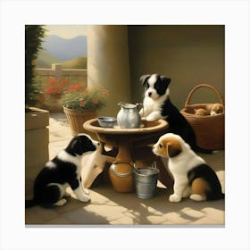 Puppies At The Table Animal Art Print Canvas Print