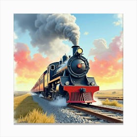 Classic Steam Train Chugging Through A Colorful Watercolor Sky 1 Canvas Print