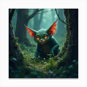 A Mischievous Goblin Hiding In The Underbrush Of A Dark, Enchanted Forest Canvas Print