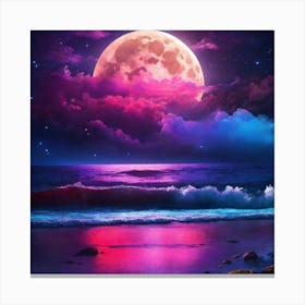 Full Moon In Starry Night Sky Over The Ocean Canvas Print