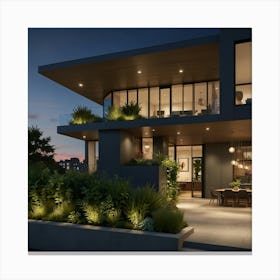 Modern House At Night Canvas Print