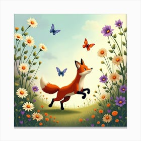 A Playful Fox Chasing Butterflies Through A Garden Of Towering Daisies And Violets Canvas Print