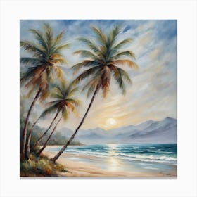 Palm Trees At Sunset, A Tranquil Beach Scene With Palm Trees And Gentle Waves art print Canvas Print