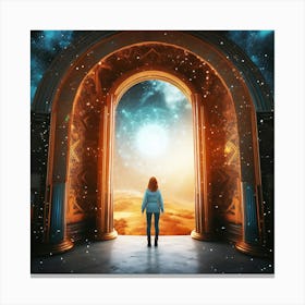 Woman Standing In Front Of An Open Door Canvas Print