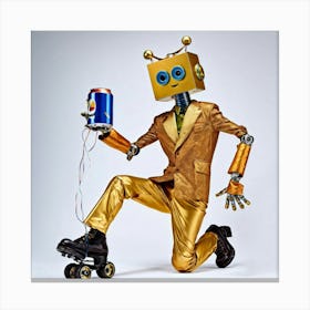 Frightened Robot With Blue Eyes Wearing Inline Roller Skates Gold Futuristic Attire Its Head Parti Canvas Print