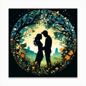 Love At First Sight, Silhouettes Of Two People Hugging Surrounded By Elements Of Nature Flowers Trees Growing Canvas Print