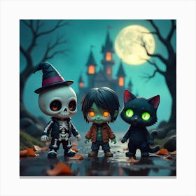 Enchanted Halloween Trio: Skeleton, Zombie, and Black Cat Canvas Print