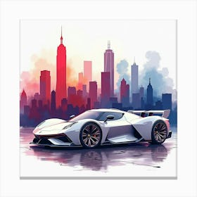 Sleek Vehicle Against A Vibrant City Skyline, Watercolor Painting 1 Canvas Print