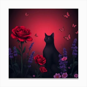 Black Cat With Roses And Butterflies Canvas Print