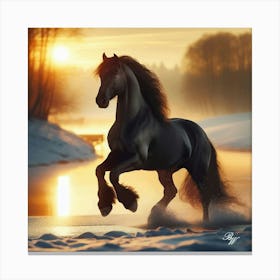 Beautiful Black Stallion Trotting In The Snow Copy Canvas Print