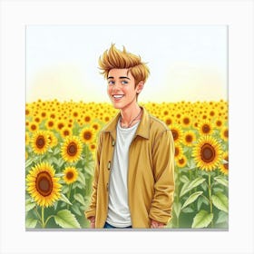 Watercolor Of Justin Bieber Standing In A Sunflower Field, Smiling Canvas Print