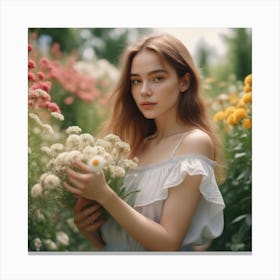 Photo Medium Shot Woman Posing In Romantic Garden Beautiful Summer Flowers In Girl Hands 1 Canvas Print