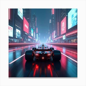 Formula Car Racing In A Sleek Futuristic City With Holographic Billboards And Neon Lights 1 Canvas Print