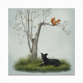 Quiet Encounter Tree, Squirrel, And Dog (2) Canvas Print