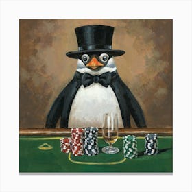 Monocle Wearing Penguins Poker Night Print Art And Wall Art Canvas Print