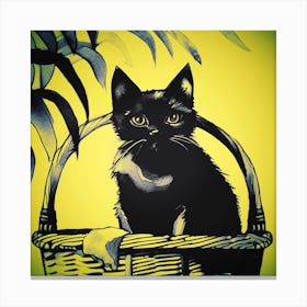 Cat Sat In A Basket Yellow Canvas Print