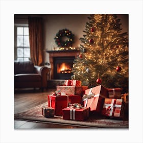 Christmas Presents Under Christmas Tree At Home Next To Fireplace Haze Ultra Detailed Film Photog (9) Canvas Print