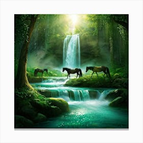 Water Stream Flowing Majestically Through An Untamed Forest Surreal Water Horses Arising From Its G Canvas Print