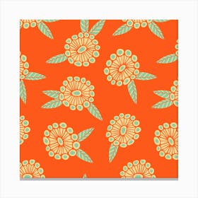 WARM AND SUNNY Bright Retro Floral Botanical in Mint Green Cream on Orange Canvas Print