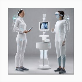 Two Women Standing Next To A Machine Canvas Print