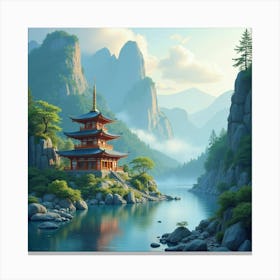 A Peaceful Temple Nestled By A Mountain Stream, Softly Glowing In Watercolor Art 1 Canvas Print