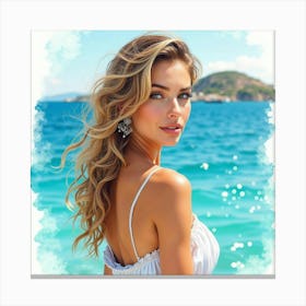 A Stunning Greek Woman In Watercolor, Surrounded By The Azure Waters Of The Aegean 1 Canvas Print