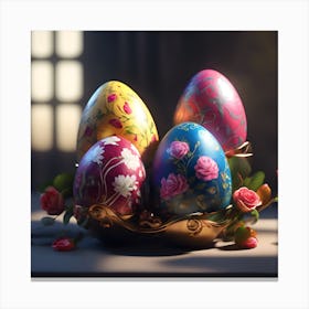 Gold Dish of Painted Eggs and Roses Canvas Print