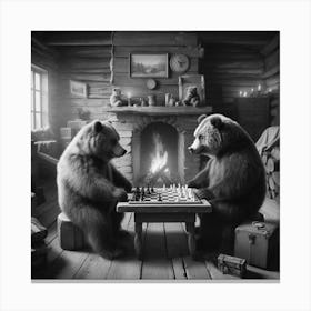Bears Playing Chess In A Cabin Decor Canvas Print