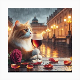 Cat Drinking Wine In The Rain Canvas Print