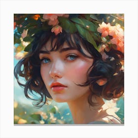 Girl With Flowers On Her Head Canvas Print