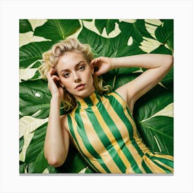 A Queer Model In A Yellow And Green Striped Top Lays On A Green And White Leaf Print Backdrop The Sc 1761942182 Canvas Print