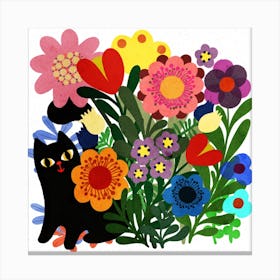 Black Garden Cat Square Canvas Print