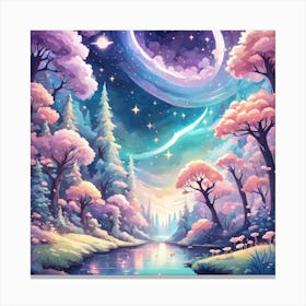 A Fantasy Forest With Twinkling Stars In Pastel Tone Square Composition 55 Canvas Print