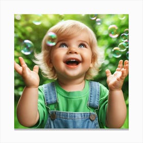 Little Boy Playing With Soap Bubbles Canvas Print