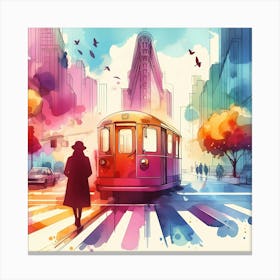 Watercolor Of A Tram Canvas Print