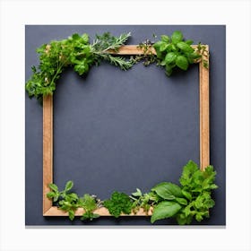 Wooden Frame With Herbs On Dark Background Canvas Print