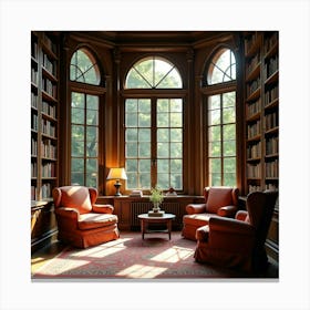 A Cozy English Library With Large Windows, Bookshelves, And Comfy Armchairs 1 Canvas Print