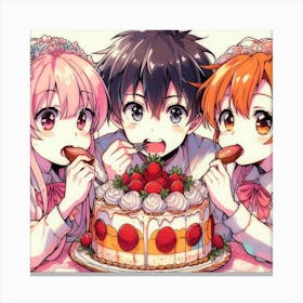 Three Anime Girls Eating Cake Canvas Print