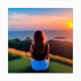 Sunset Girl Sitting On The Grass Canvas Print